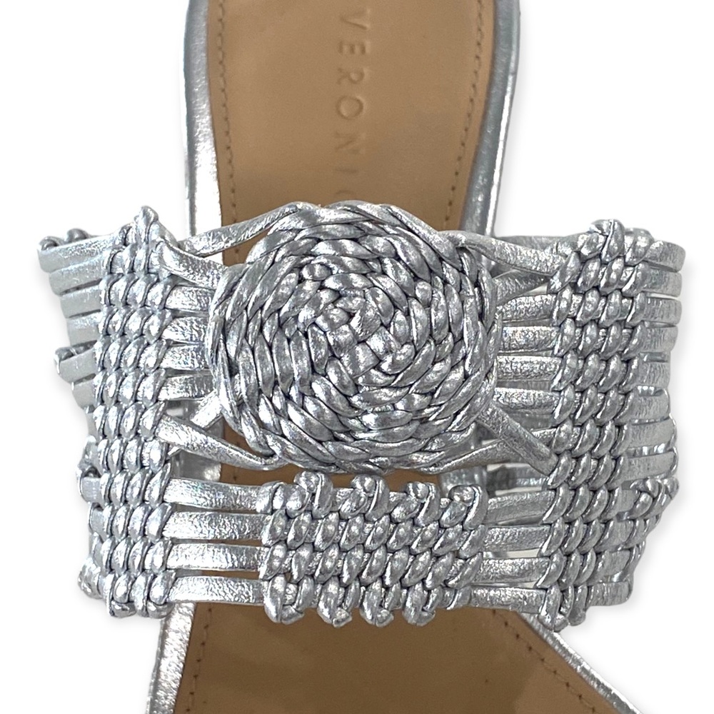 VERONICA BEARD Woven Crochet Leather Heeled Sandals, Silver, Size 6 - Picture 3 of 7